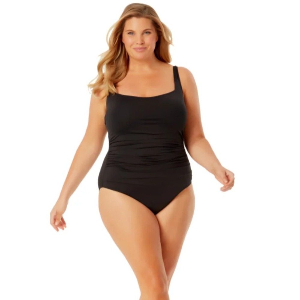Anne Cole Womens Square Neck Shirred One Piece Swimsuit Black UPF‎ 50 XL NEW